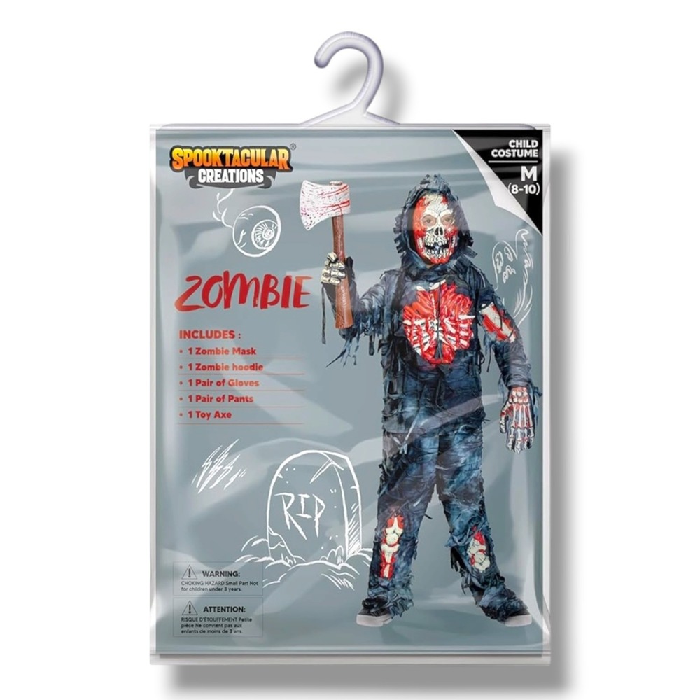 Spooktacular Creations Kids Zombie Costume Medium 8-10 Mask Hoodie Pants Axe New